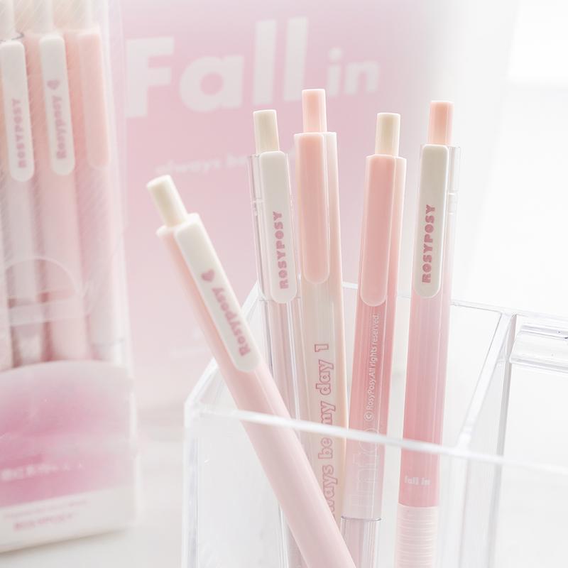 5 τμχ Σετ στυλό τζελ με σχέδιο ρουζ χρώματος, μαύρο μελάνι ντεγκραντέ κοριτσίστικου στυλ για γραφή σχολείου γραφείου