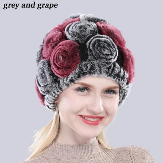 New Arrival Flowers Real Fur Hats Winter Russian Women Natural Rex Rabbit Fur Caps Lady Genuine Rex Rabbit Fur Beanies Cap