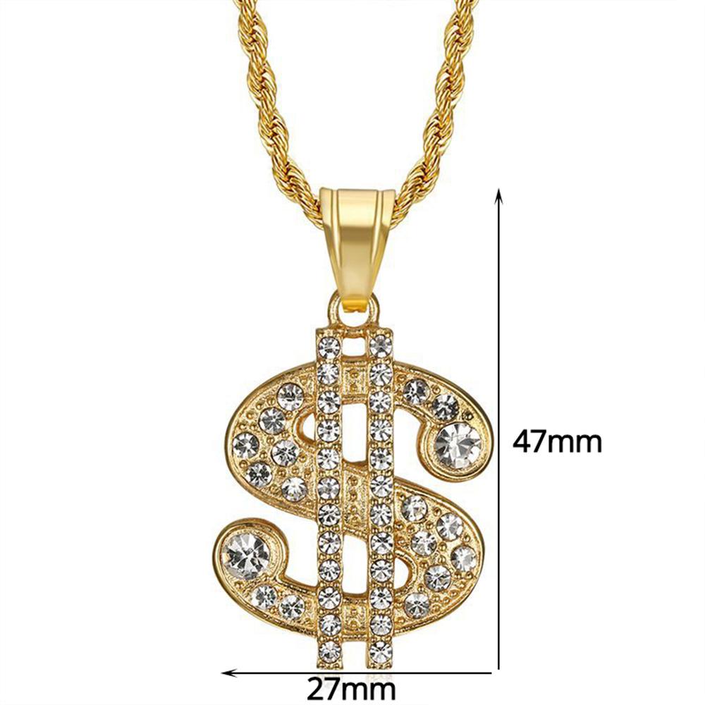 Hip Hop Iced Out Bling Dollar Sign Pendant Gold Color Stainless Steel Rapper Money Necklace For Men Women Hippie Jewelry Gift