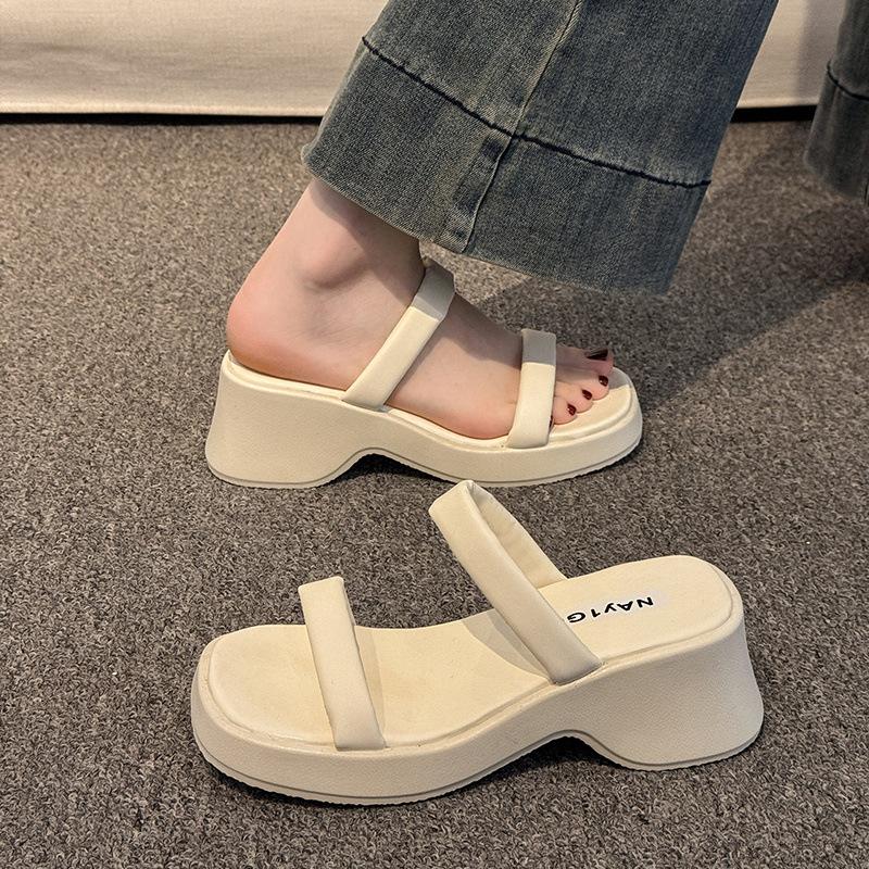 Slippers women's summer 2025 new French one-word strap square head thick heel high heels fashion wear open-toed sandals