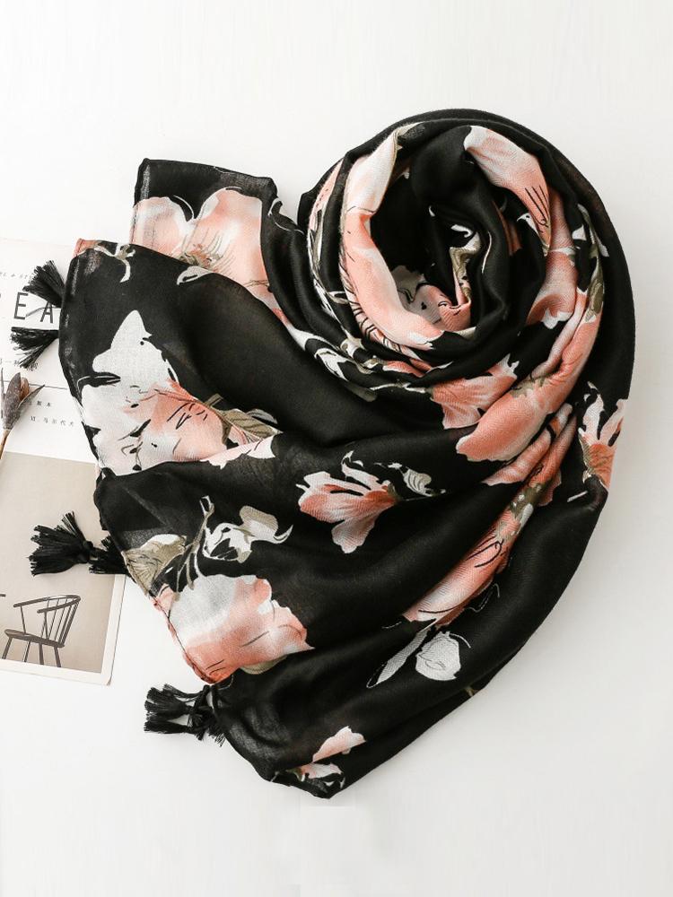 Retro Women Silk Scarf Black Floral Print Bright Silk Wrap Shawls Lady Sunscreen Bandana Hijab Scarve Pareo Headscarf Boho New