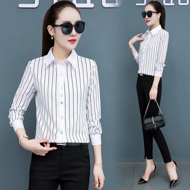 Women's White Striped Shirt Korean Version Spring and Autumn Shirt Professional Shirt Top for Women