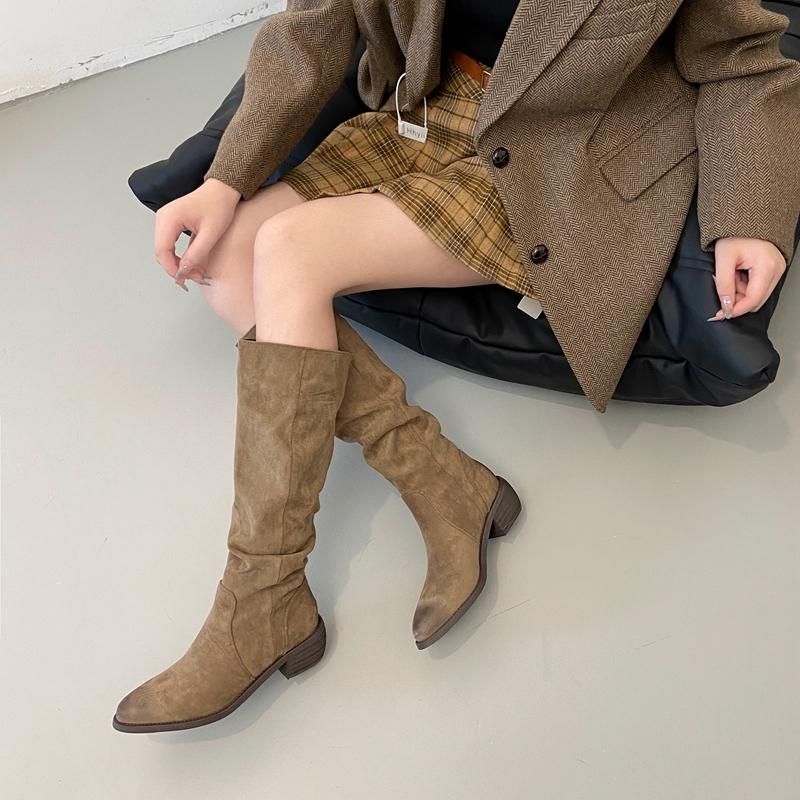 Fashion Autumn Pleated Women Knee High Boots Fashion Thick Heels Pointed Toe Shoes Western Long Botas Para Mujer