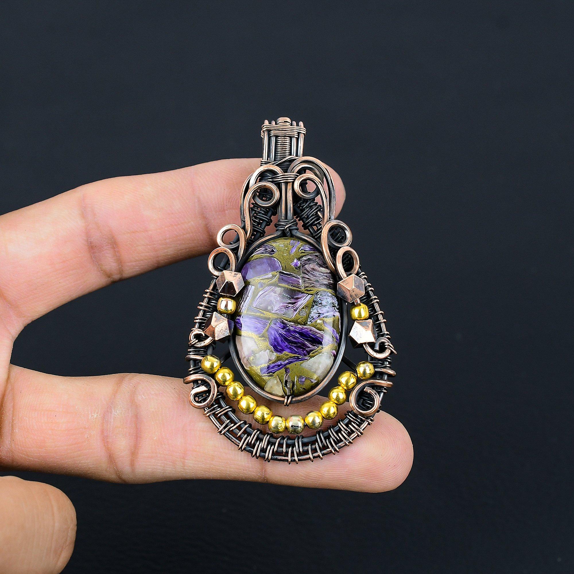 

Copper Charoite Pendant Gemstone Jewelry, 999 Copper Wire Wrapped Pendant, Handmade Gift For Wife Pendant Jewelry 2.55 inches