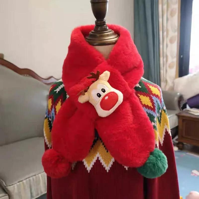 Plush Animal Scarf with Cute Deer Design Soft Warm Winter Accessory with Fur Ball for Children Outdoor Use Christmas Gift