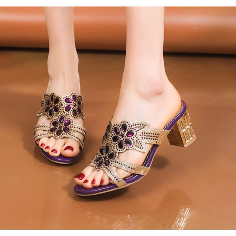 Summer Shoes for Women 35-42 Summer Elegant Bohemia Rhinestone Sandals for Women Thick High Heels Sandals Slip on Beach Slippers