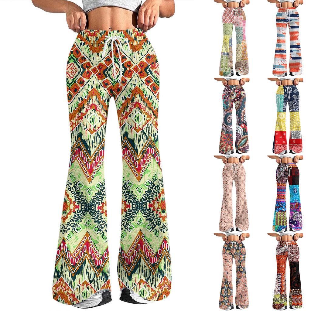 Women's Fashion Loose Drawstring Waist Retro Printed Casual Sports Pants Casual Flared Pants