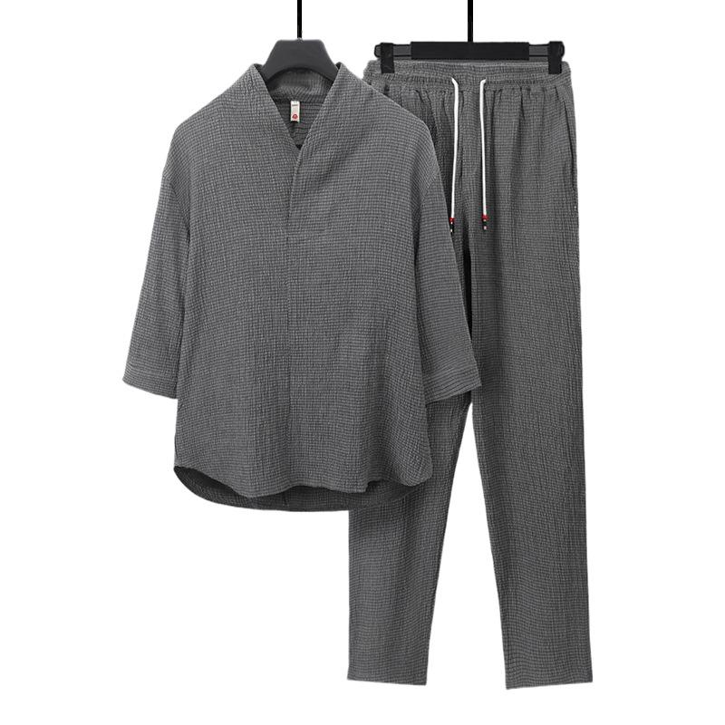 Vintage Button Tops Mens Two Piece Set Summer Casual Shirt and Pants Suits Outfit for Men Solid Color Tracksuit Leisure Clothing