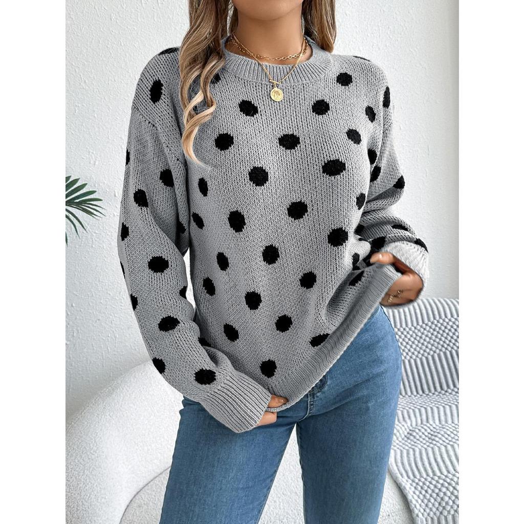 Autumn Winter Casual Color Block Polka Dot Long Sleeve Pullover Sweater Women's Fashion