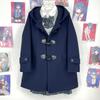 Navy Blue Hooded Woolen Coat: Women's Autumn/Winter College Style with Thick Cotton Padding and Toggle Closure.