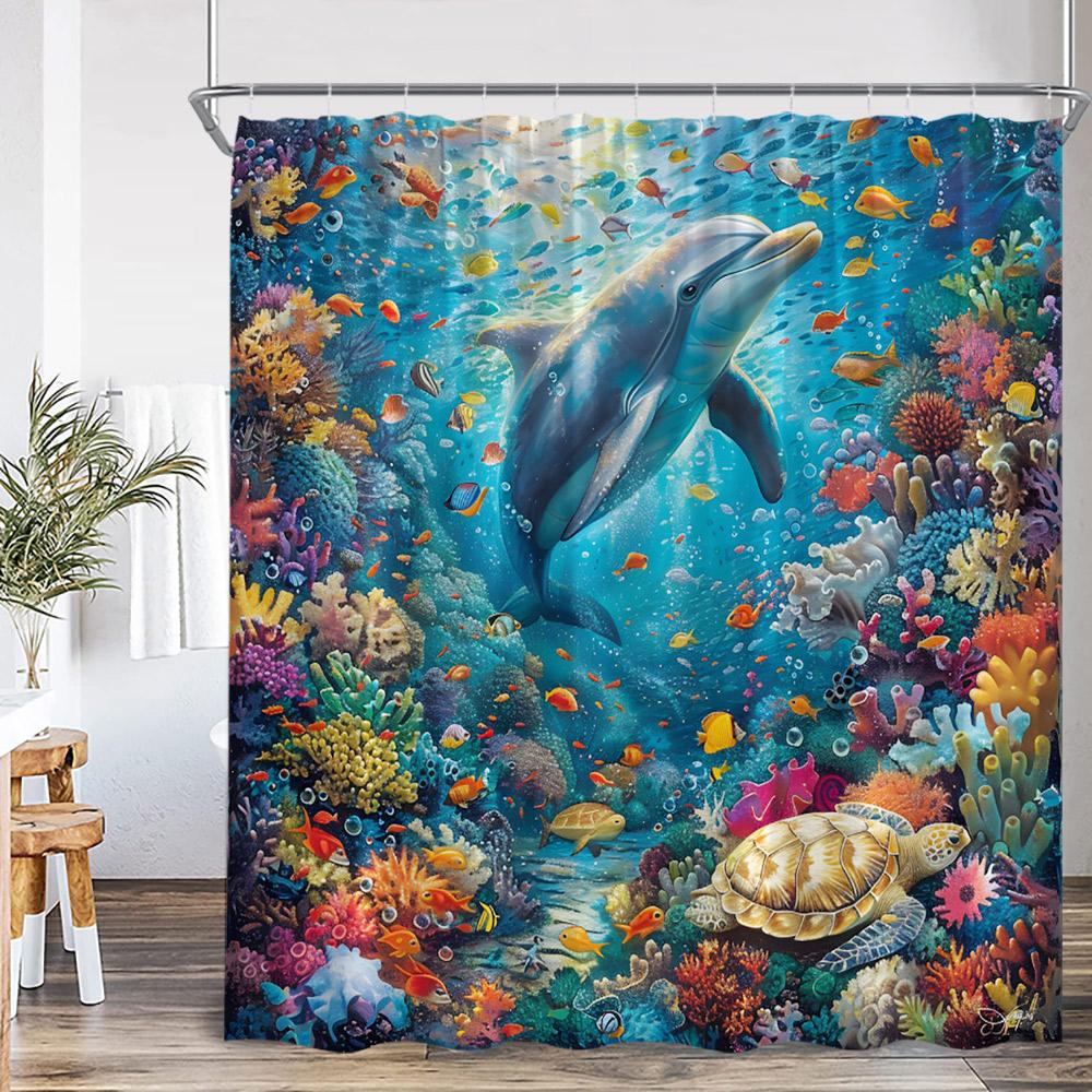 Ocean Animal Shower Curtain Blue Whale Dolphin Seahorse Marine Life Nature Bathroom Decor Sea Poltester Bath Curtain With Hooks