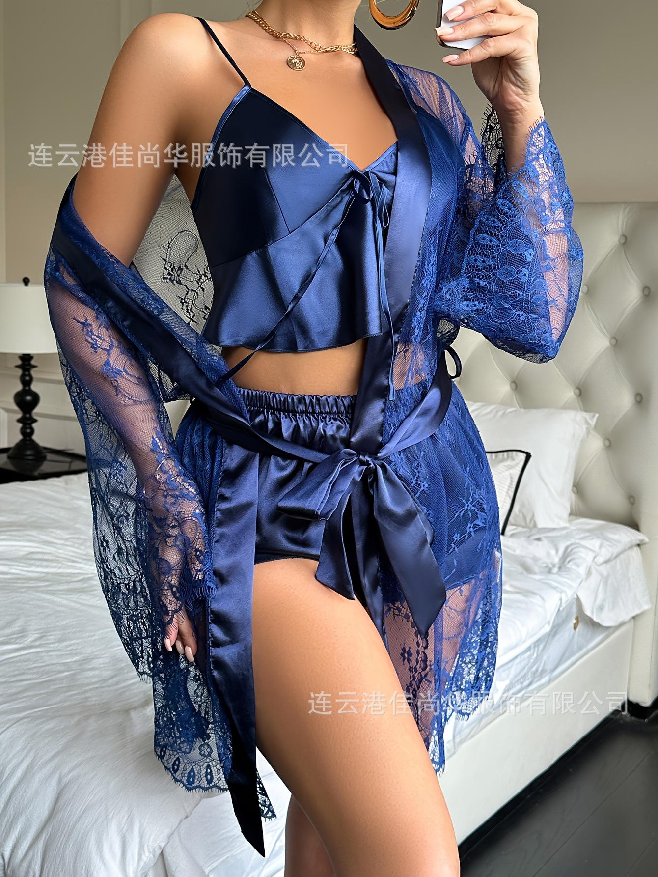 Новая сексуальная сетчатая ночная рубашка с кружевом, сексуальная прозрачная женская одежда для дома S темно-синий