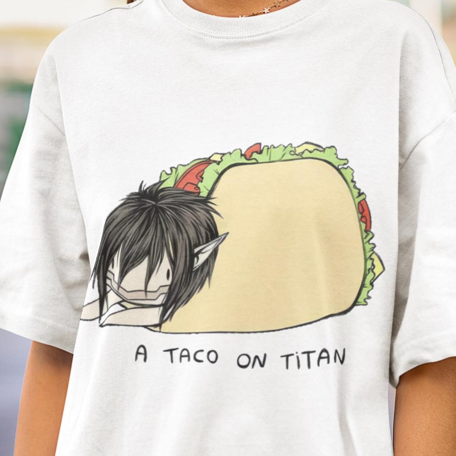 Taco On Titan Shirt, Funny Anime Parody Tee, Kawaii Titan Taco Food Pun Shirt, Cute Chibi Anime Gift, Taco Lover Meme T-Shirt S