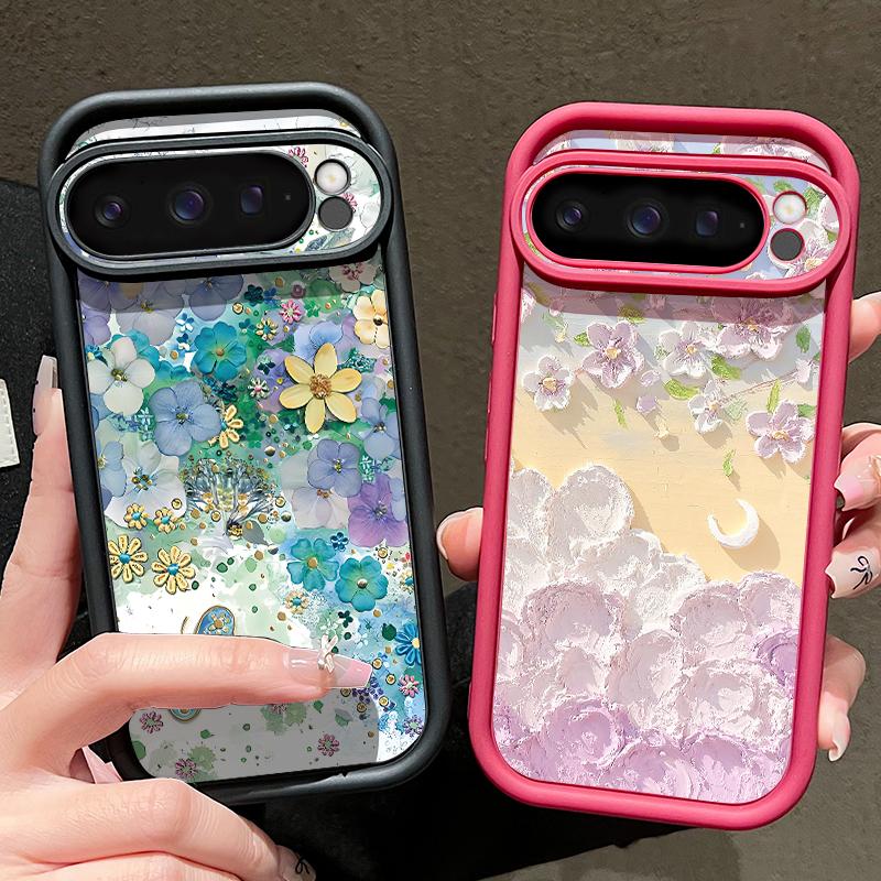 Oil Painting Flower Pattern Soft Phone Case For Google Pixel 9 Pro XL 8 Pro 8A Butterfly Print TPU Matte Shockproof Lens Protection Bumper Cover
