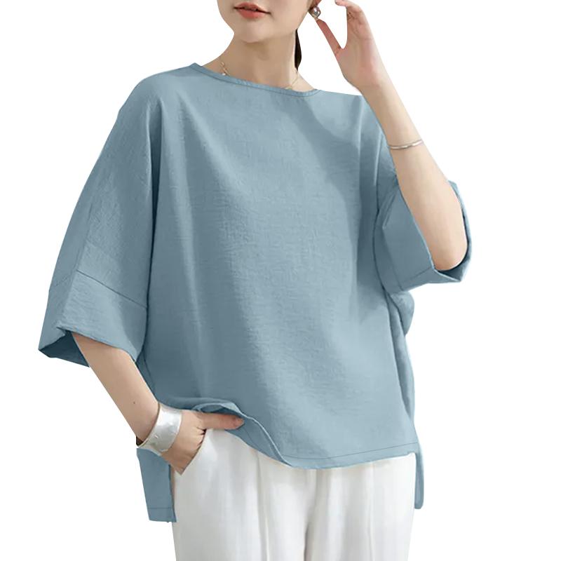 ZANZEA Women Casual Round Neck 3/4 Sleeve Solid Color Loose Blouse