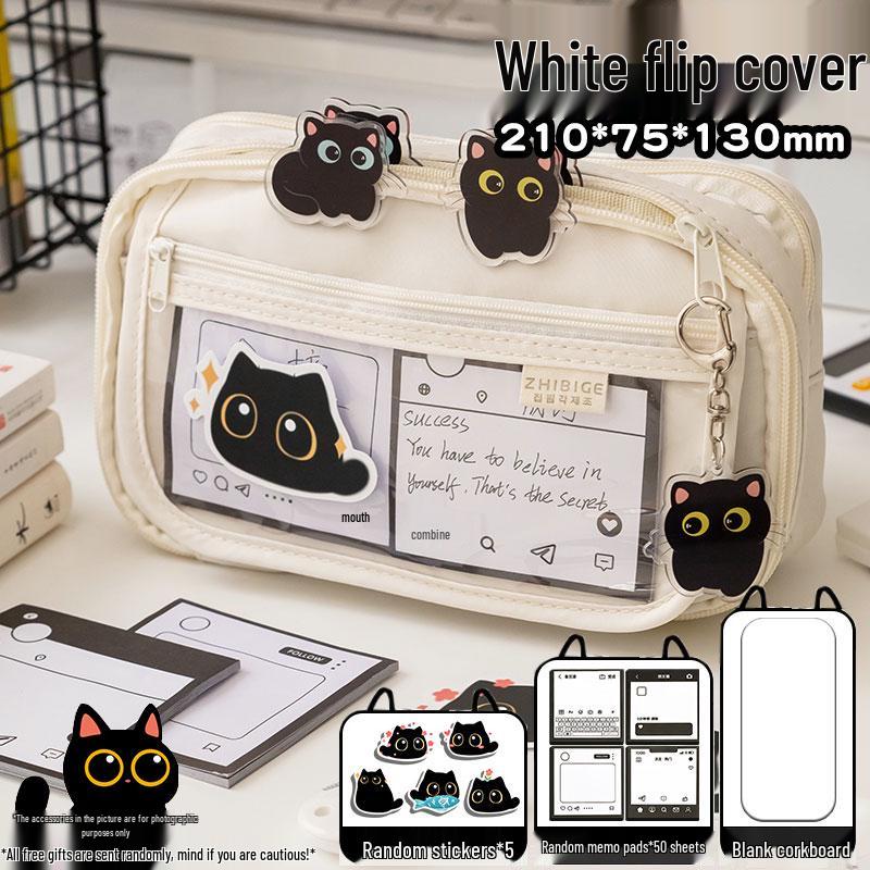 2025 New Little Black Cat Transparent Pencil Case for Girls - Trendy Stationery Box for Elementary, Middle, and High School Students