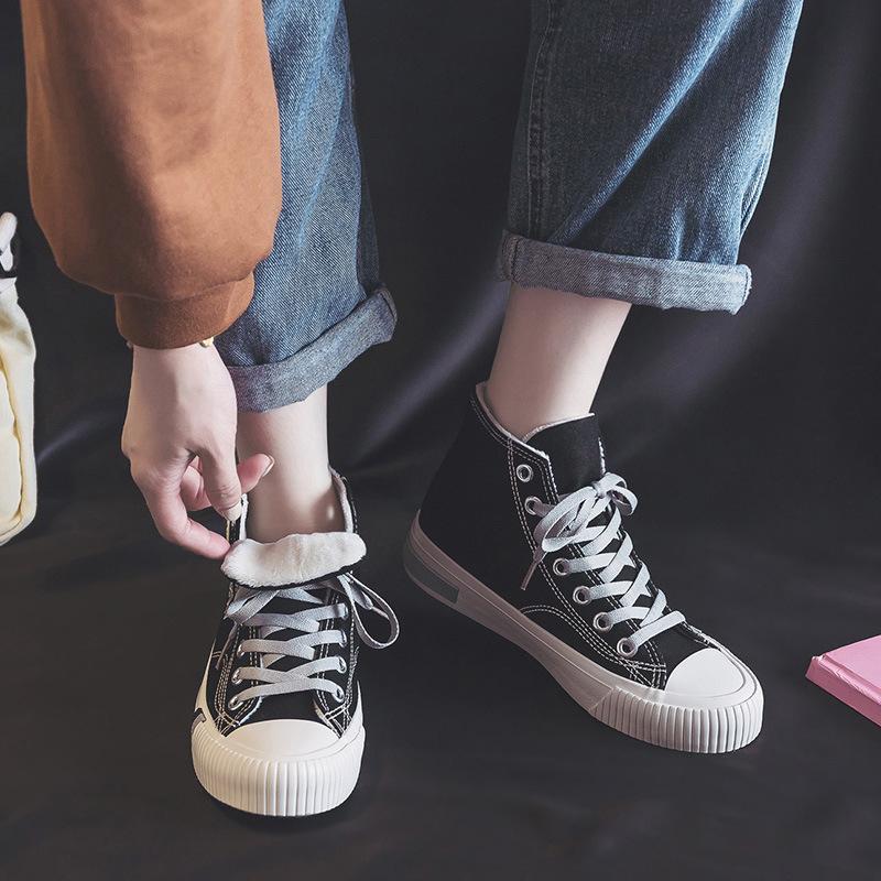 2021 Winter New Plus Velvet Canvas Shoes Women's Casual Walking Shoes Warm Shoes