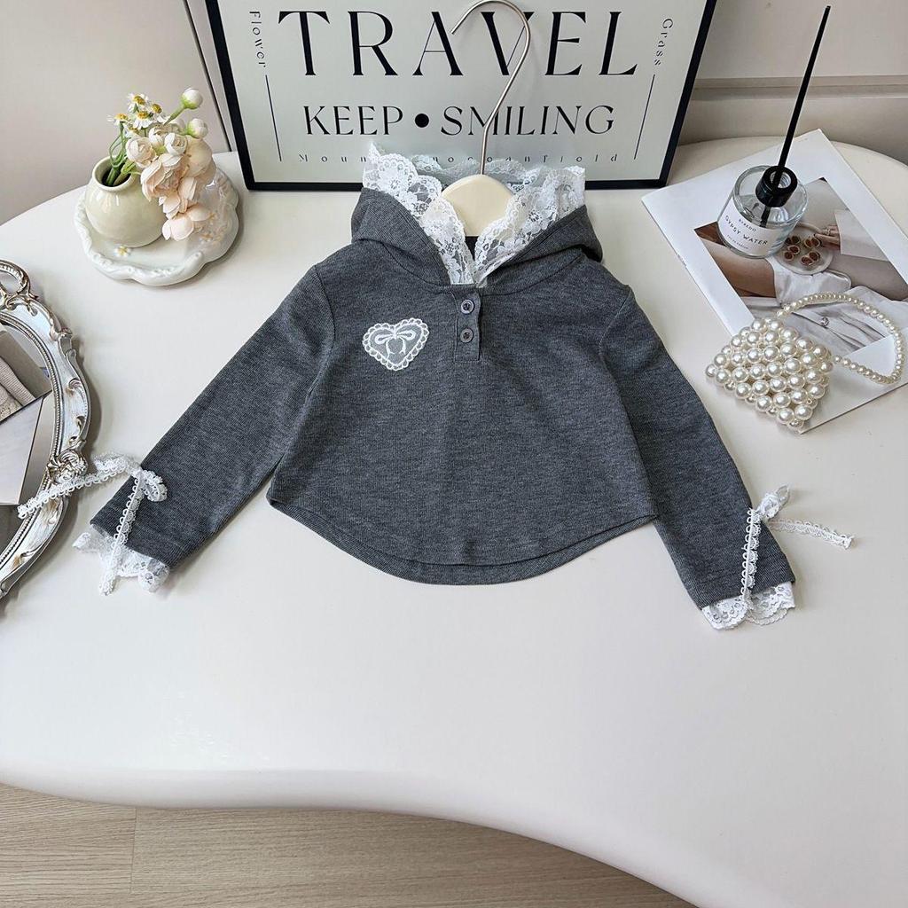 Spring Girls' Lace Hooded Sweatshirt & Skirt Set