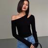 Fashion Skew Collar Off-shoulder Long-sleeved T-shirts Women New Solid Slim Fit Crop Top Sexy Hollow Out Tees Shirts