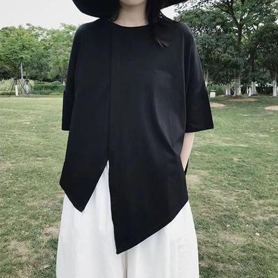 Camiseta Feminina Plus Size Fenda Irregular Verão Manga Curta Solta Tops Camisas Oversized para Mulheres