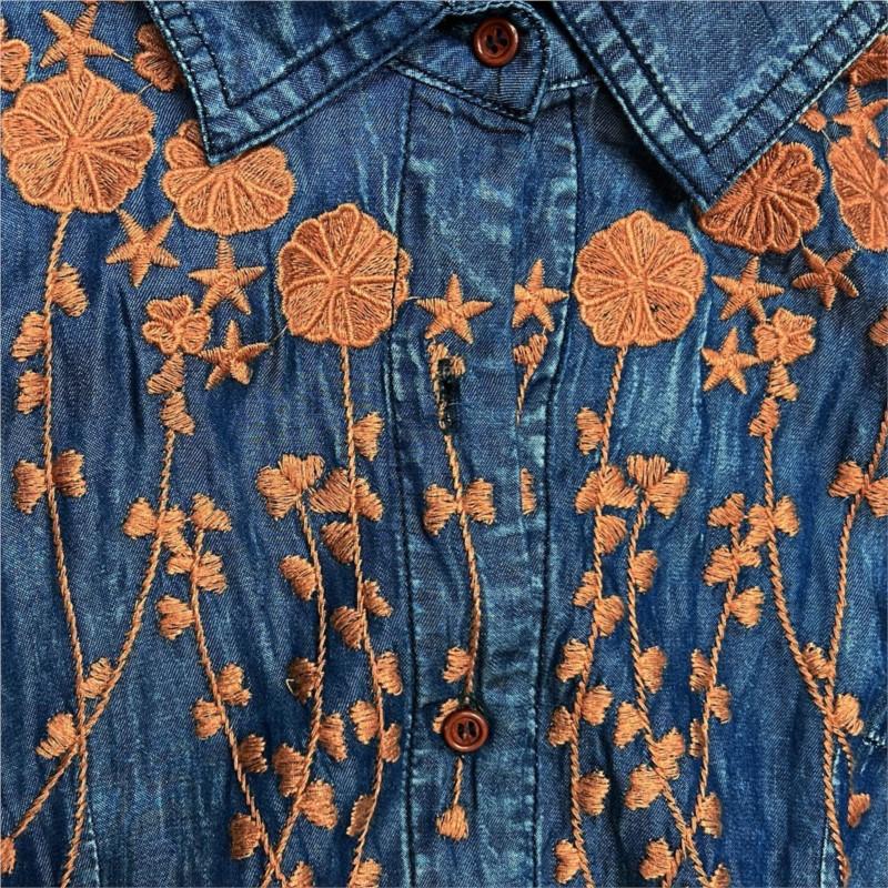 Johnature Vintage Embroidery Lapel Cowboy Dress Summer Autumn Women Fashion Single Breasted Short Sleeves Dress