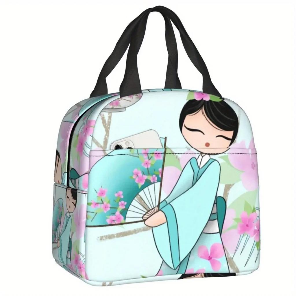 Cherry Blossom Kokeshi Doll Insulated Lunch Bag - Reusable Thermal Cooler Bento Box with Cute Sakura Design