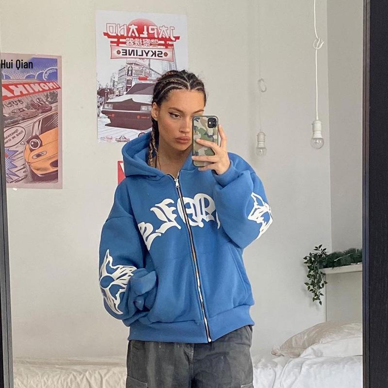 2024 Women's Street Style Bubble Letter Zip Hoodie – European & American Y2K Sweatshirt