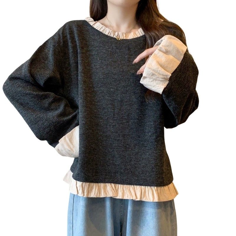 Lazy Style Rüschen Patchwork T-Shirts Frühling Herbst Neue Langarm Kontrast Lose Casual Tops Vintage Trend Frauen Kleidung