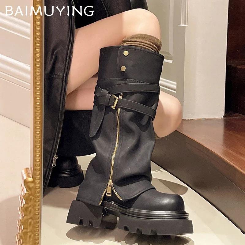 Platform Women High Boots High Heels Chunky Fashion Leather Shoes Woman 2025 Trend Winter Elegant Sexy Femme Motorcycle Boots