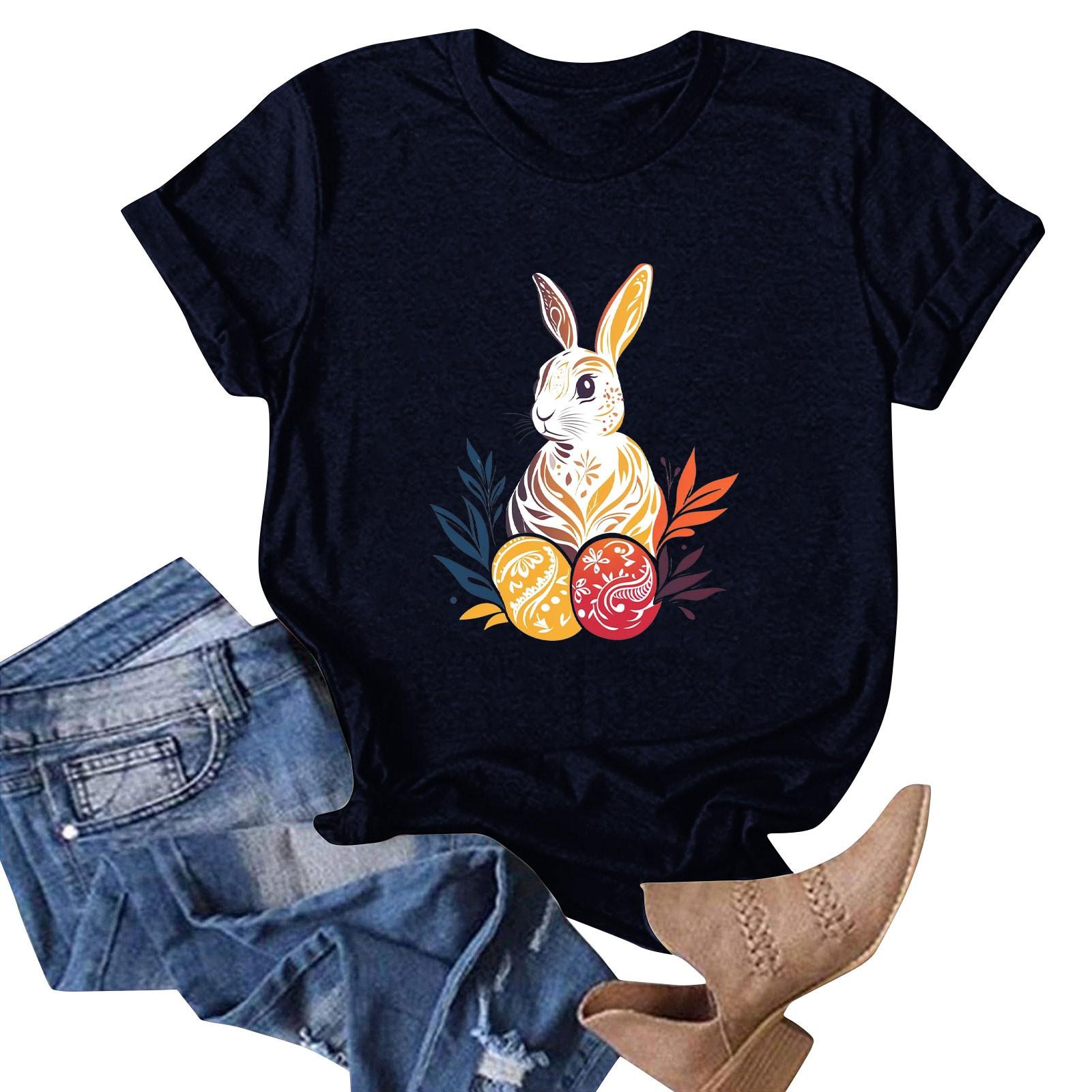 

Women s Easter Bunny Print Neck Short Sleeve T-Shirt Top XL Темно-синій