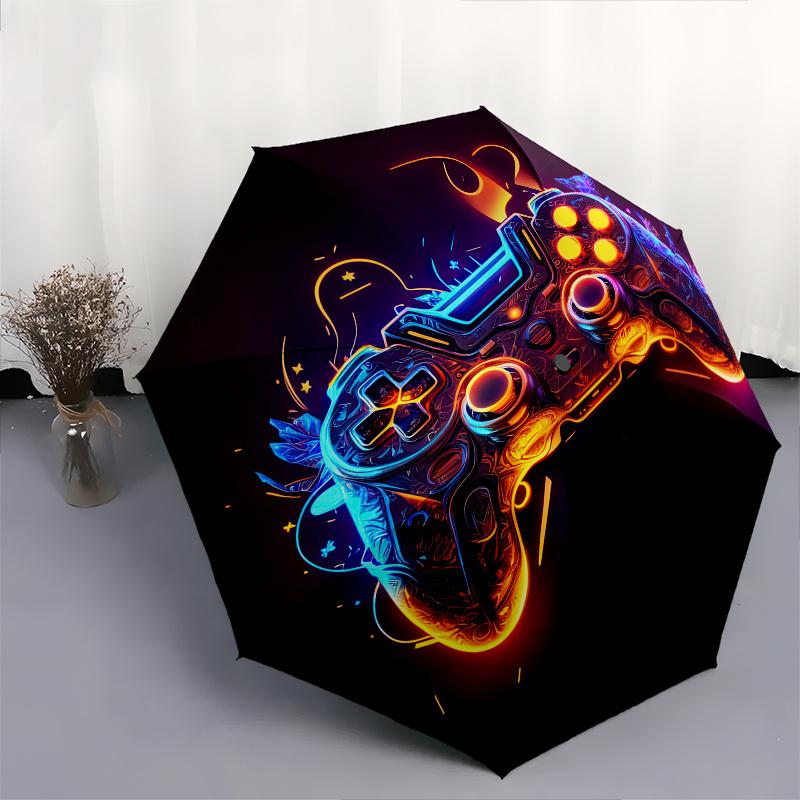 Neon Lights, Gaming Controller Theme Automatic Open/Close Fashion umbrella, Portable 3 Fold Compact Umbrella for Men & Women