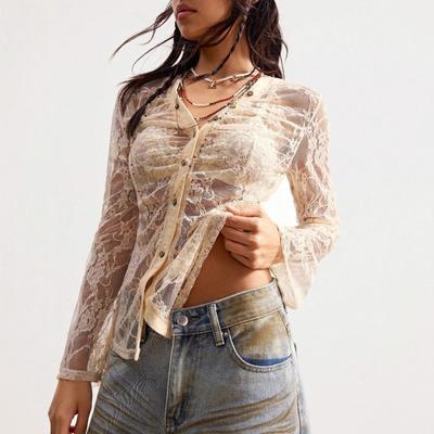2025 New Autumn Lace Shirt Slim Fit Niche Design Commuting Slightly See-through Top for Women
