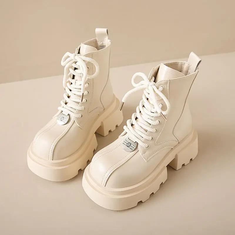 

Женские короткие туфли на платформе с круглым носком, кожаные ботинки, черные, массивные, байкерские, женские ботильоны, новые рок-ботинки, весна 2024, зима, ПУ 40