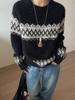 Women's Retro European Style 100% Wool Fair Isle Jacquard Sweater - Round Neck, Thickened Knit, Loose Fit, Trendy Bright Silk Design.