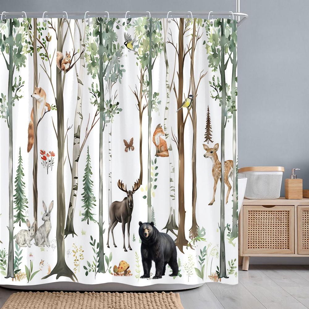 Forest Animals Watercolour Shower Curtain Deer Bear Fox Squirrel Flower Polyester Fabric Bath Curtains Bathroom Decor With Hooks