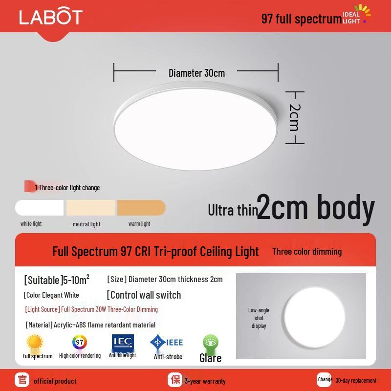 LED Ceiling Light: Three-Proof, Modern Minimalist Design for Bedroom, Balcony, Bathroom - Eye-Protective, Round Main Light