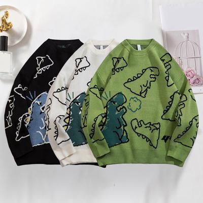Men Fall Winter Sweater Cartoon Dinosaur Printing O Neck Loose Long Sleeves Knitted Hip Hop Style Mid Length Sweater for Daily Wear Work School Street