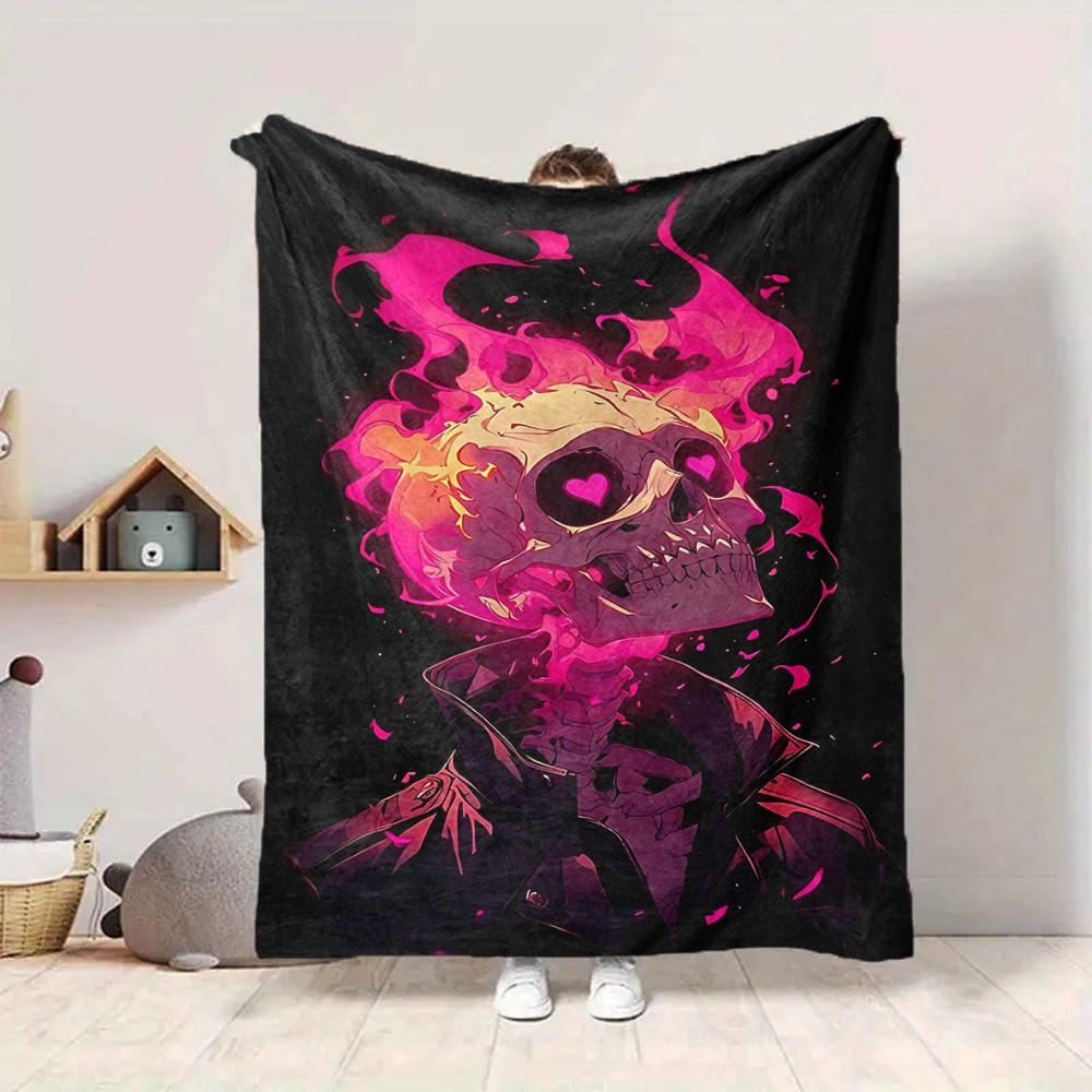 1pc Skull Flames Blanket Lightweight Flannel Blanket Throw Blanket For Sofa, Bed, Travel, Camping, Livingroom, Couch, Chair, And Bed Yy2509026161