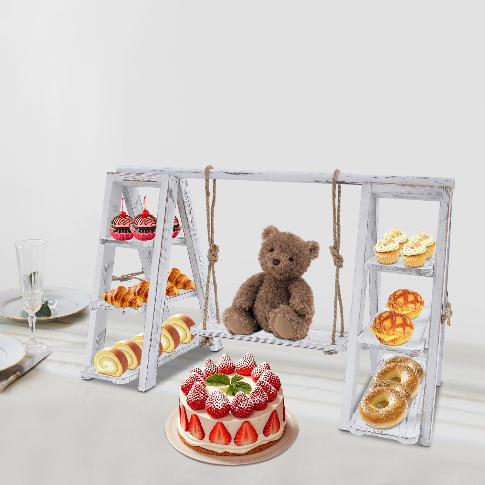 

3-Tier A-Shaped Cupcake Stand, White Wooden Serving Tray with Removable Swing Plates, Countertop Display Ladder for Desserts белый