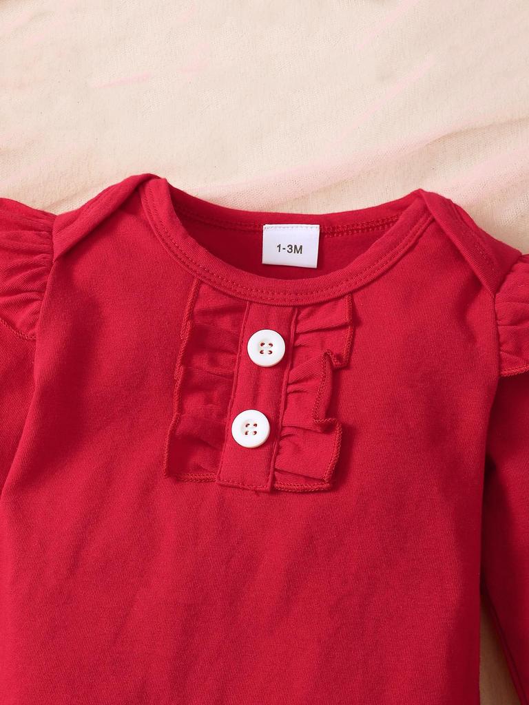 0-18 Months Baby Girl Clothing Bodysuit Outfit 3Pcs Red Ruffle Jumpsuit Bunny Heart Bow Headband Autumn Newborn Baby Clothes Set