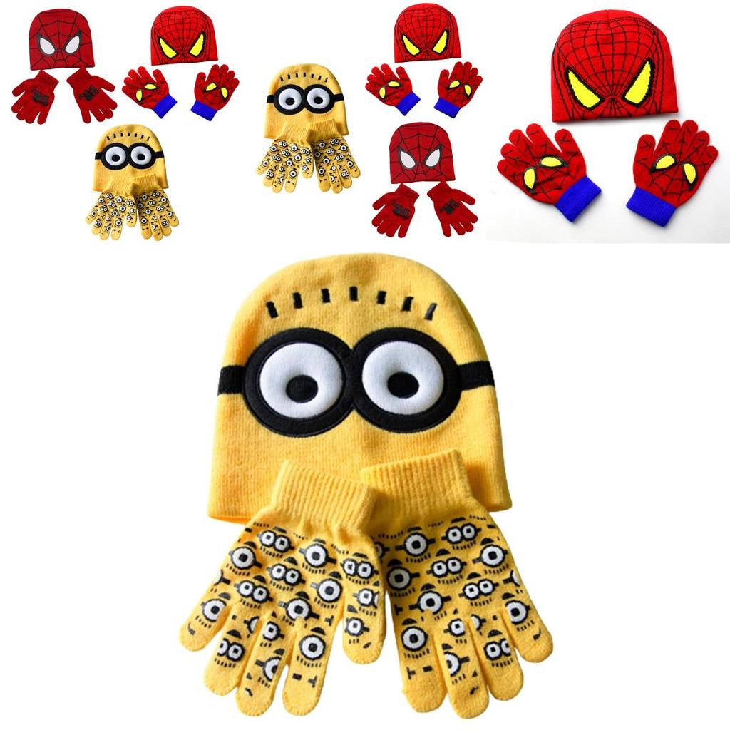 Stylish Children's Spiderman Minions Knitted Hat And Gloves Winter Warm Suit
