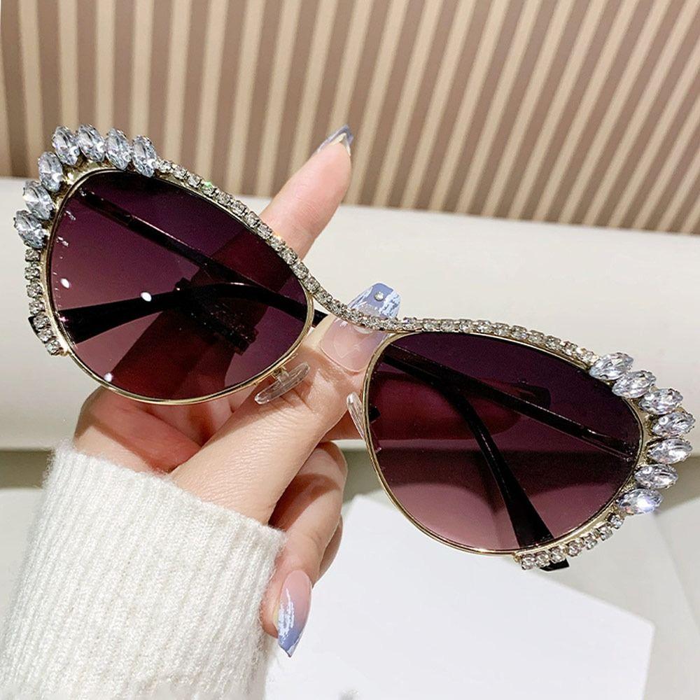 Fashion Cat-Eye Rhinestone Embellished Metal Sunglasses Street Style UV Protection Women's Shades Ladies Street Shooting Eyewear