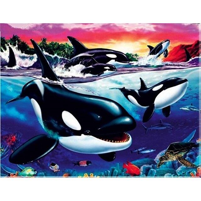 Animal Dolphins with Fish 5D Diy Diamond Painting Full Round Drill Mosaic Diamond Embroidery Rhinestones Home Decoration
