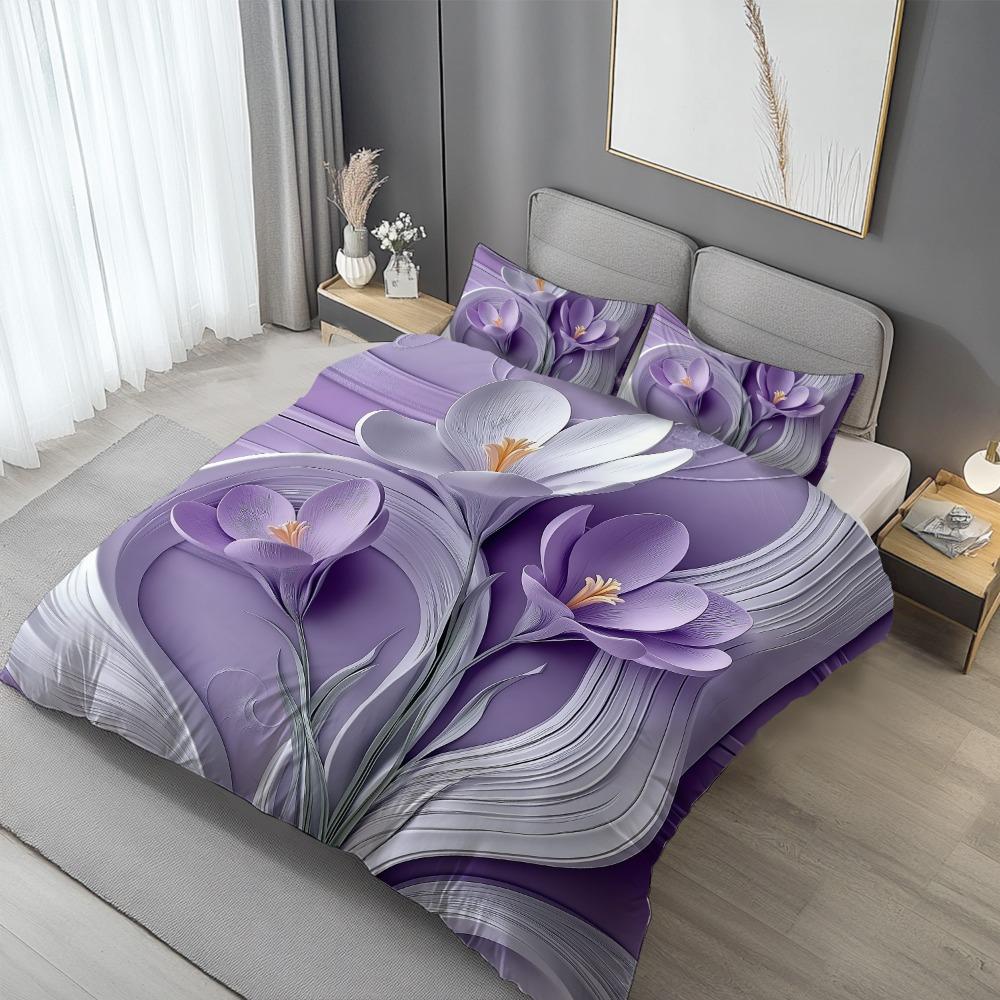 3pcs Bedding Set Purple Flowers 3D Printed Cozy Soft Duvet Cover King Queen Twin Size Birthday Gift for Adult Home Bedroom Decor