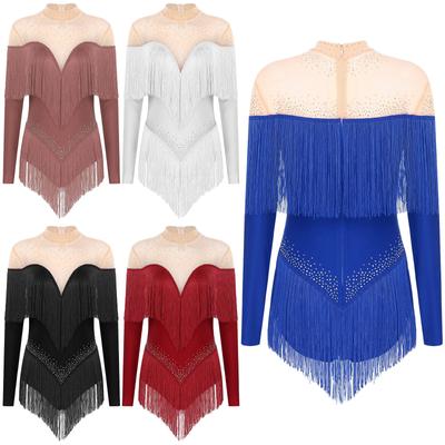 Damskie frędzle Latin Tango Cha-cha Jazz Ballet Dance Leotard Artystyczny gimnastyka Jazz Dancewear Rhinestones Splice Bodysuit Unitard