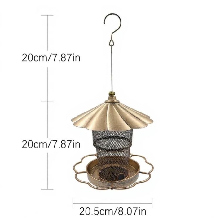 Balcony Hanging Bird Feeder with Antique Gold Finish, Flower Cover, Mesh Food Container, and Foldable Iron Structure