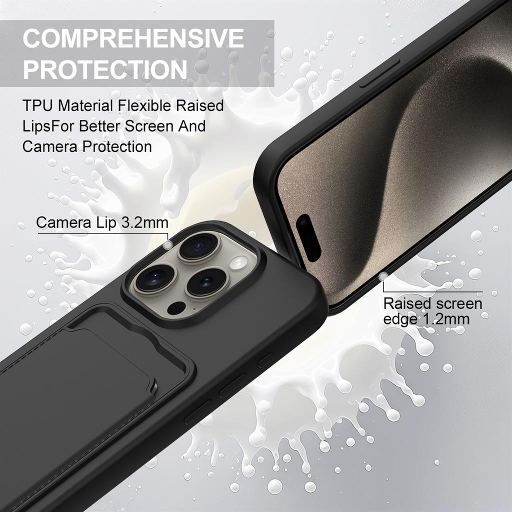 For iPhone 14 Pro Max Liquid Silicone Case Phone Back Cover with Card Holder and Short Strap
