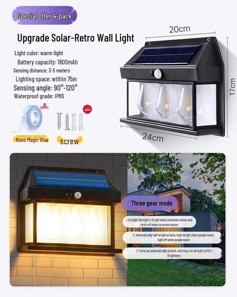 Solar-Außenwandleuchte wasserdicht für Hof, Villeneingang und Gartenpatio