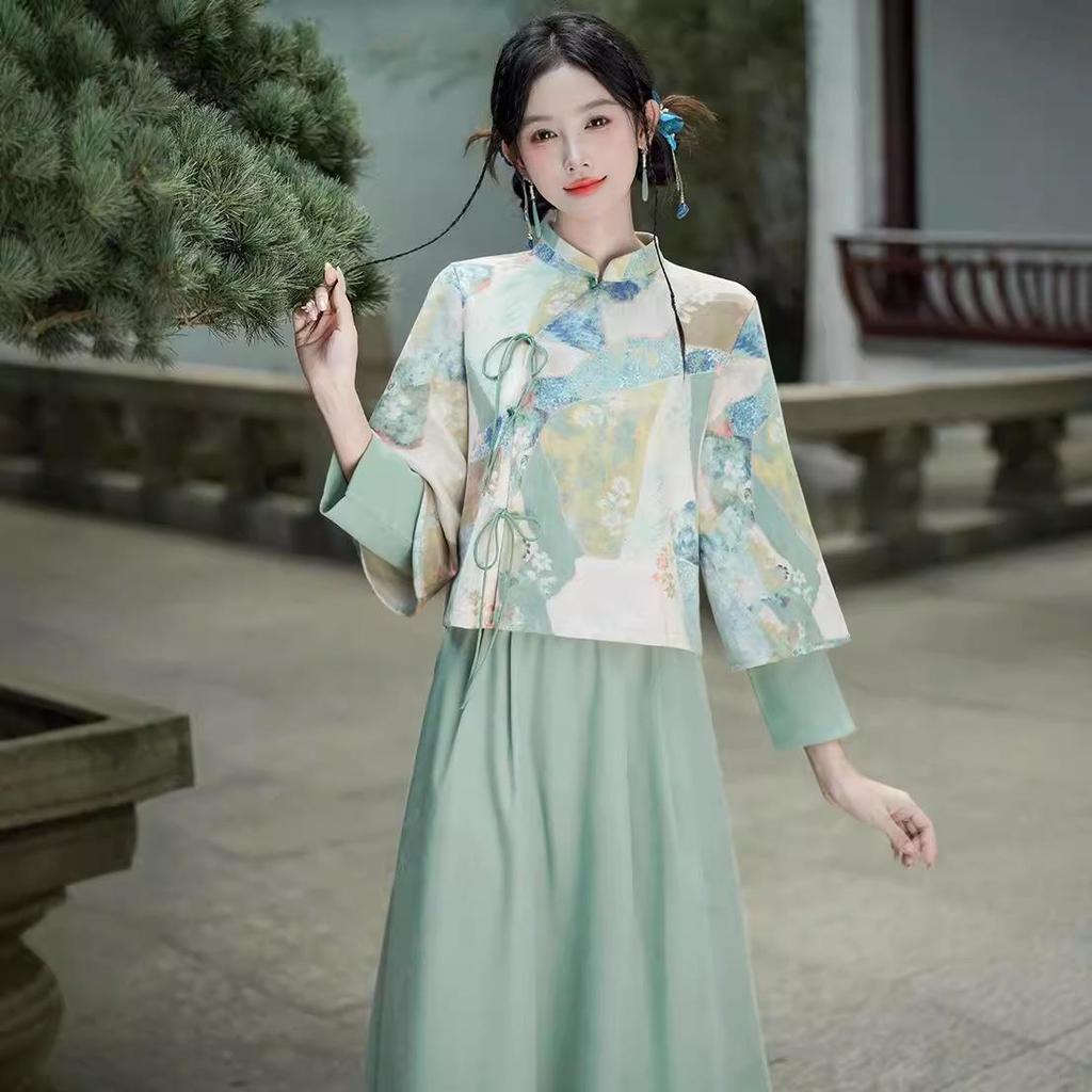 Women's Retro Print Tang Suit: Spring/Autumn Modernized Hanfu & Cheongsam Tea Set