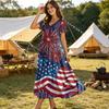 Women Short Sleeve V Neck Maxi Dress with Star and Stripe Print Loose Fit Flowy Casual Long Dress for Summer Spring